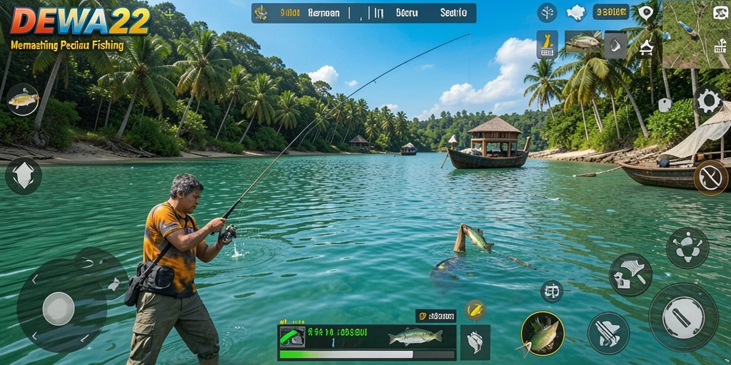 Screenshot gameplay DEWA22 menunjukkan aksi memancing seru di pantai.