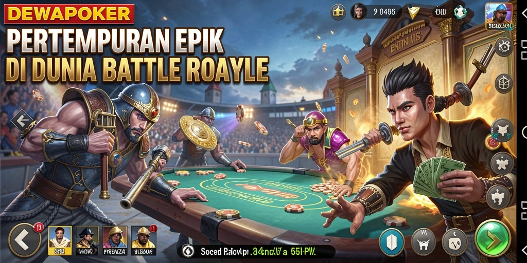 Tampilan gameplay seru di DEWAPOKER dengan aksi Battle Royale.