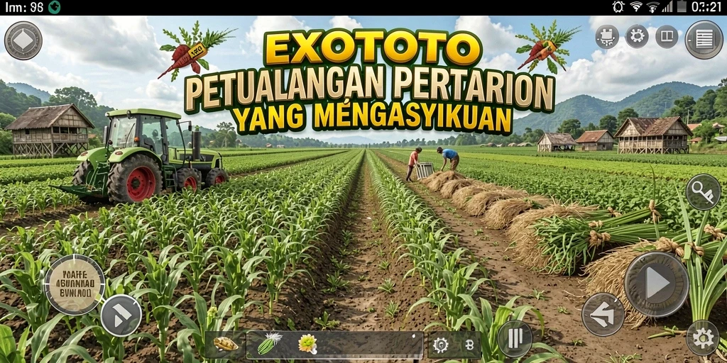 Tampilan gameplay EXOTOTO dengan berbagai tanaman dan hewan ternak.