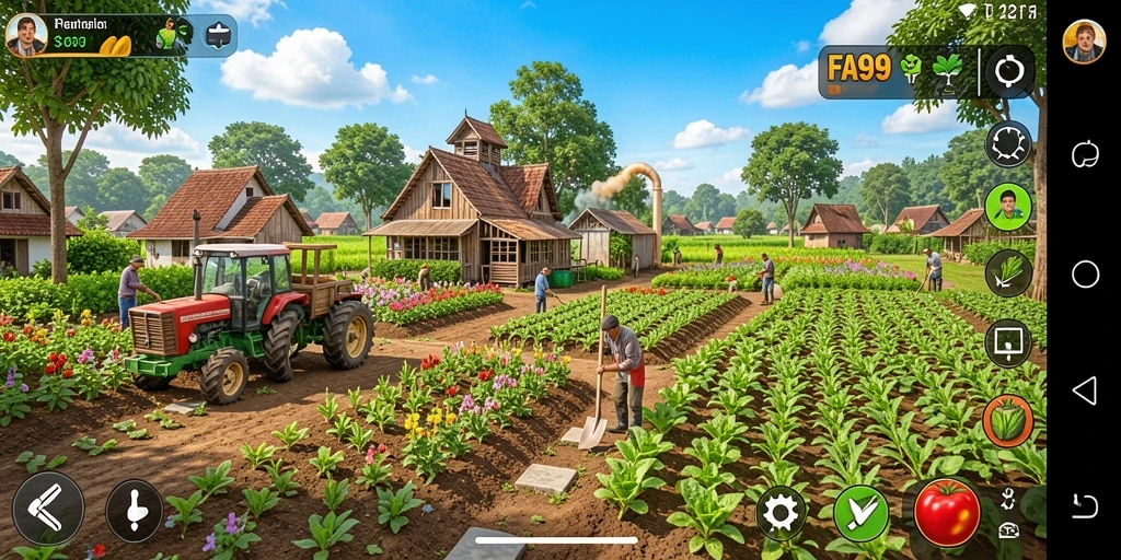 Tangkapan layar gameplay FA99 yang menunjukkan ladang yang subur dan hewan ternak.
