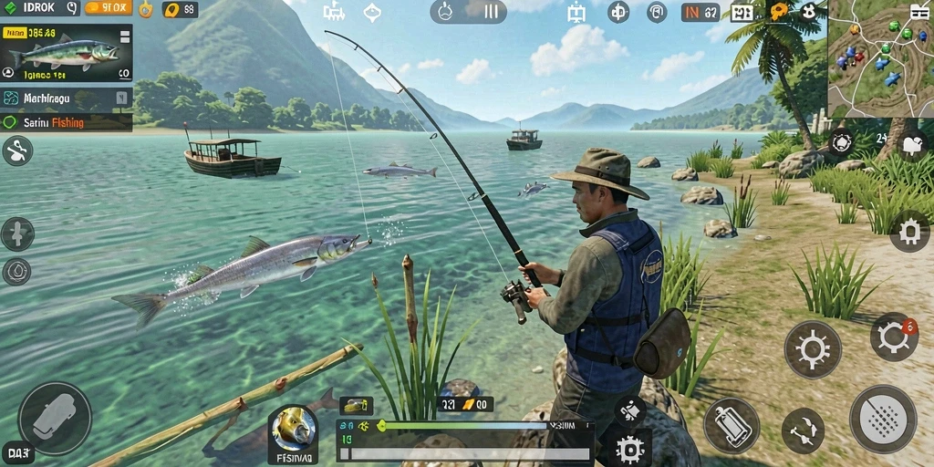 Tampilan gameplay IDROK yang menawan dengan aksi memancing seru.