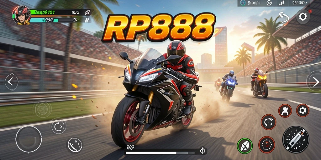 Screenshot utama RP888 menampilkan balapan motor yang mendebarkan di trek yang menantang.